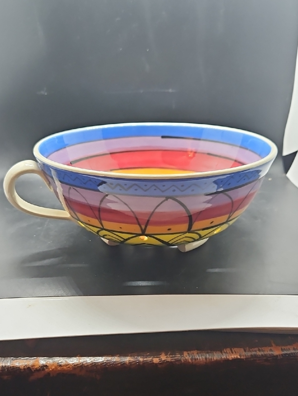 Hoffman Pottery Colorful Striped Ceramic Berry Bowl with Handle - Multicolor